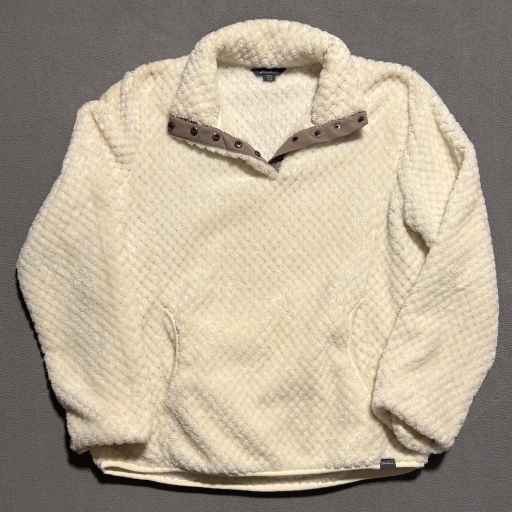 Eddie Bauer Super Soft Fleece Pullover Womens XL Cream Grid Waffle Quarter Snap